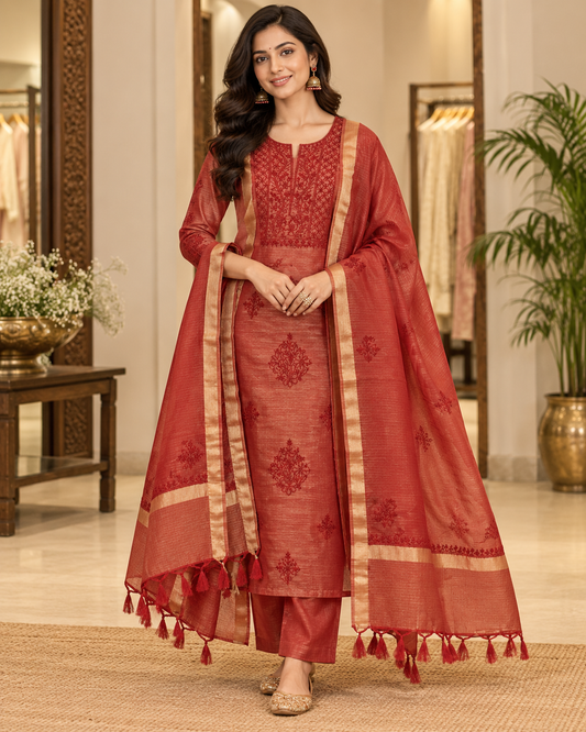 Kota Doria Golden Zari Work Unstitched Kurti Duppatta Sets