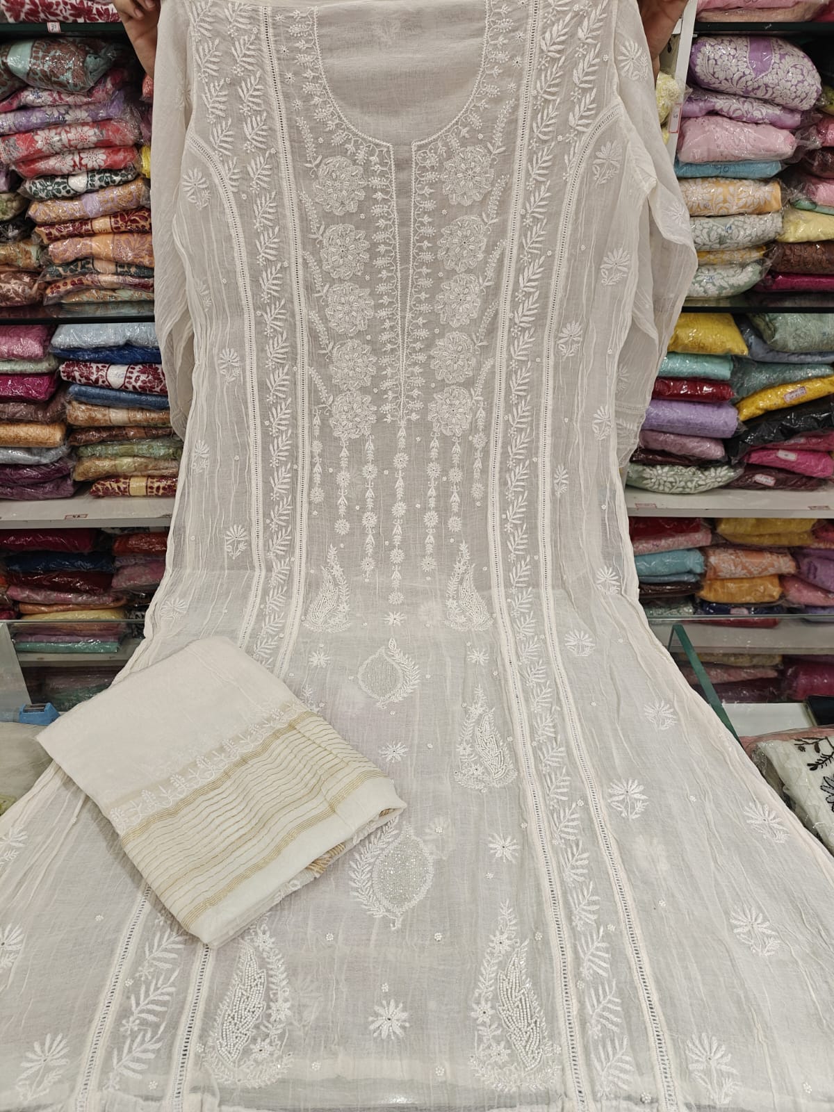 Pure Mul Chanderi Pearl Semi Stiched Suit Sets