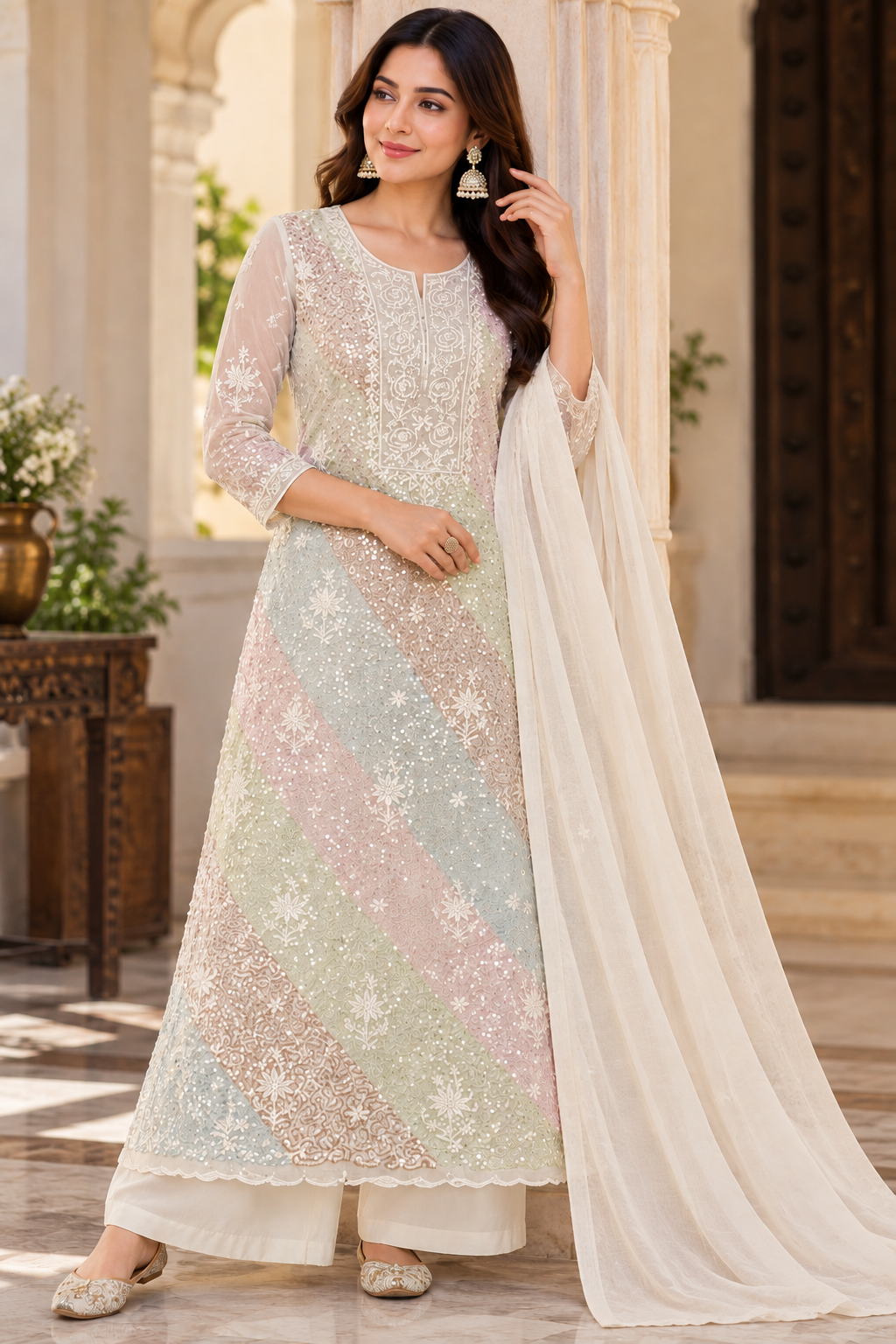Pure Mul Chanderi Fine Chikan Pearl Cutdhana Sequin Work Unstitched Suit Sets (2 Pcs)