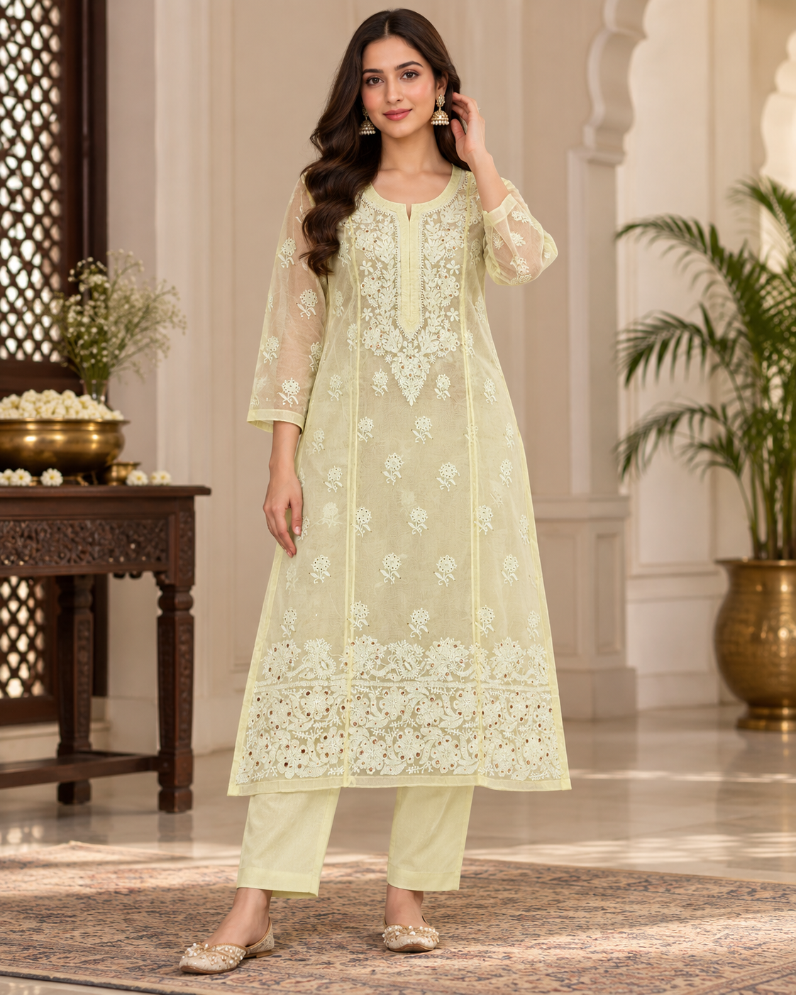 Organza Ghaspatti Chikan Mukaish Party Wear Long Kurti With Matching Inner