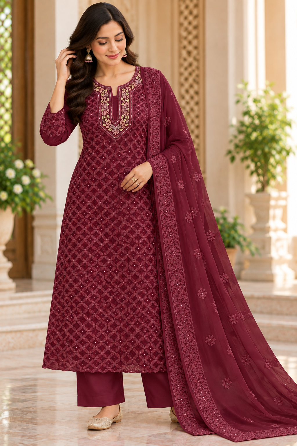 Viscose Georgette Cutdana Parsi Neck Kurti Duppatta Sets