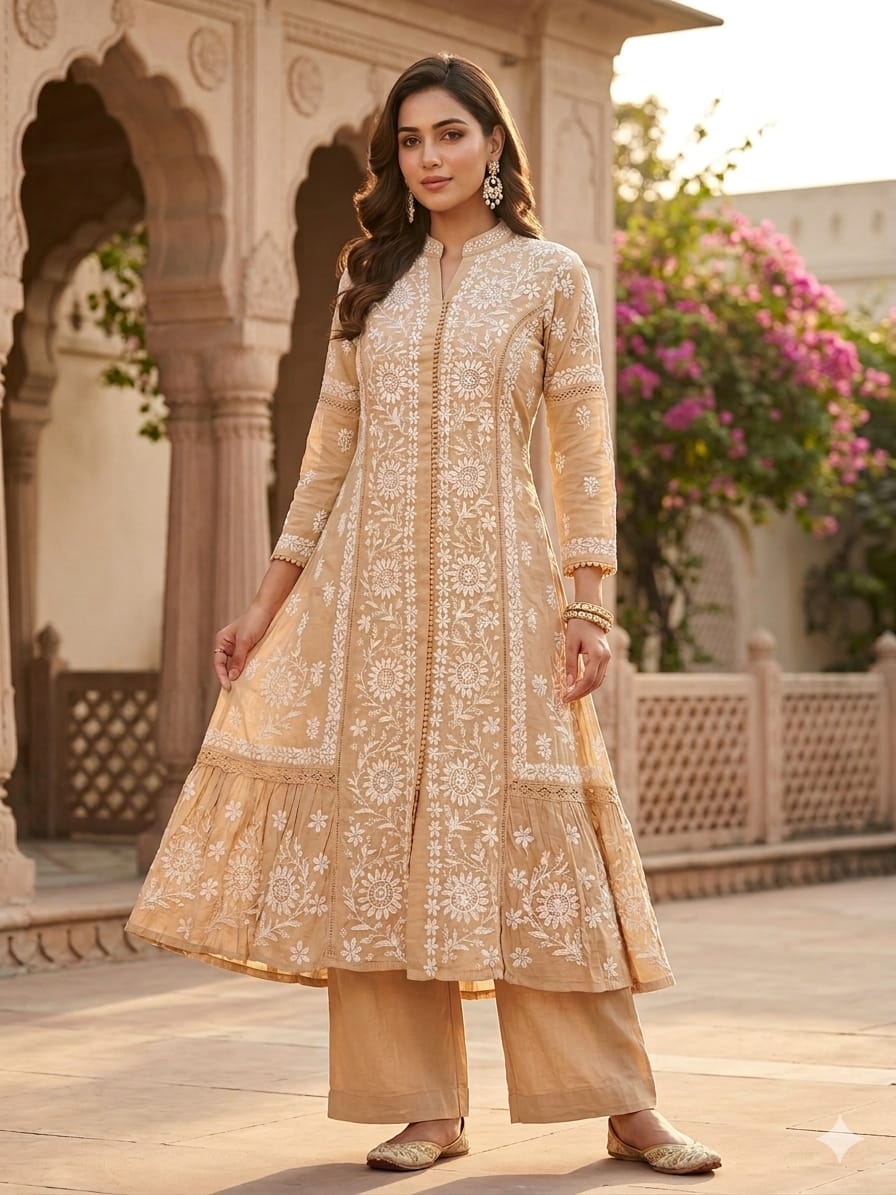 Muslin Party Wear Heavy Chikan Long Kurti Pant Set