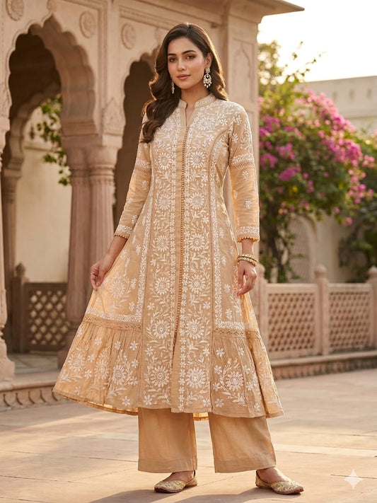 Muslin Party Wear Heavy Chikan Long Kurti Pant Set
