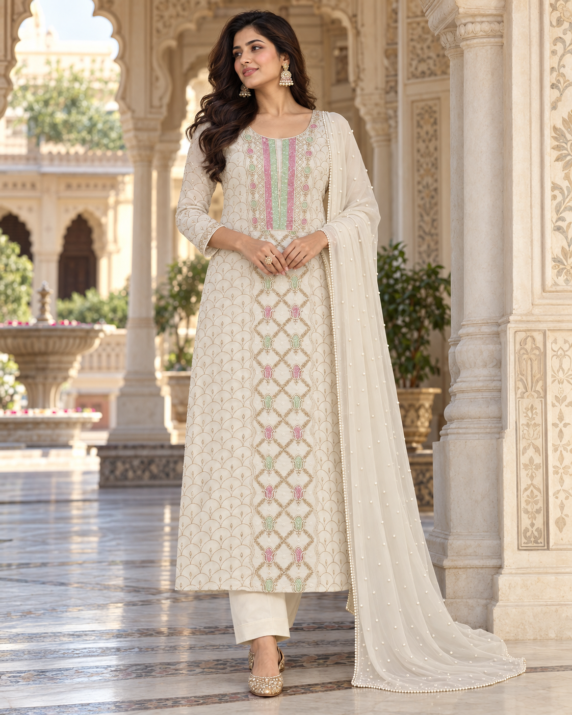 Viscose Georgette Heavy Pearl Cutdhana Zari Unstitched Kurti Duppatta Sets