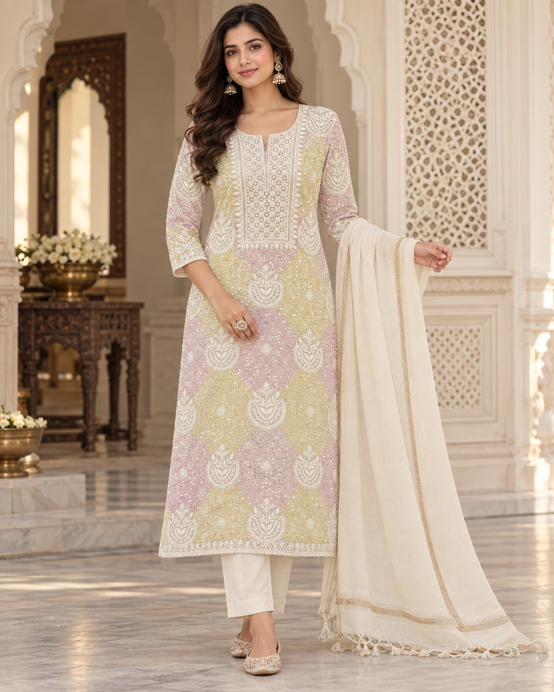 Pure Mul Chanderi Fine Chikan Pearl Cutdhana Sequin Work Unstitched Suit Sets (2 Pcs)