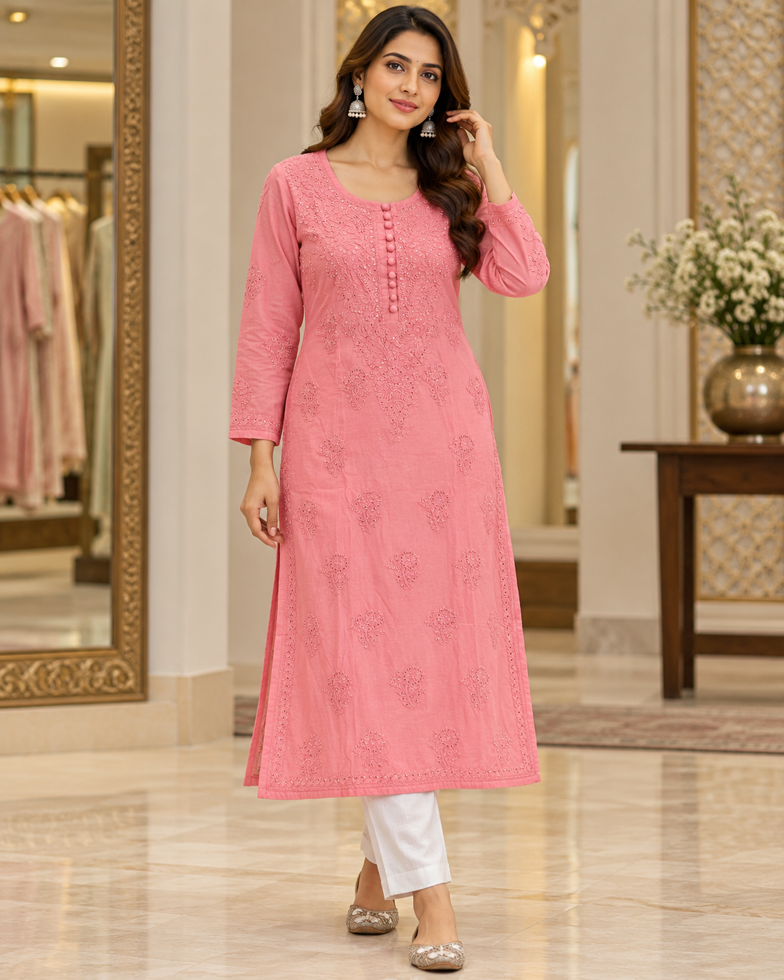 Chanderi Silk Chikan Mukaish Work Straight Kurti