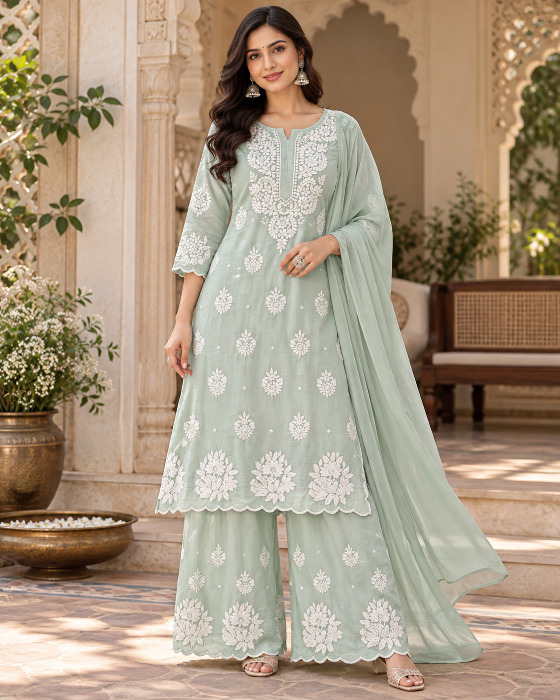 Pure Muslin 3d Cut Work Suit Sets (3Pcs)