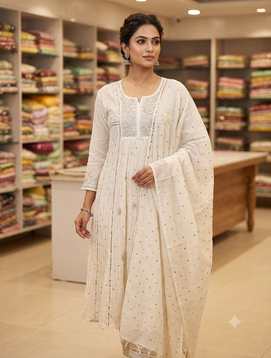 Mul Chanderi Mukaish Bijli Pitta Work Tunic Suit Sets (Semi Stiched)