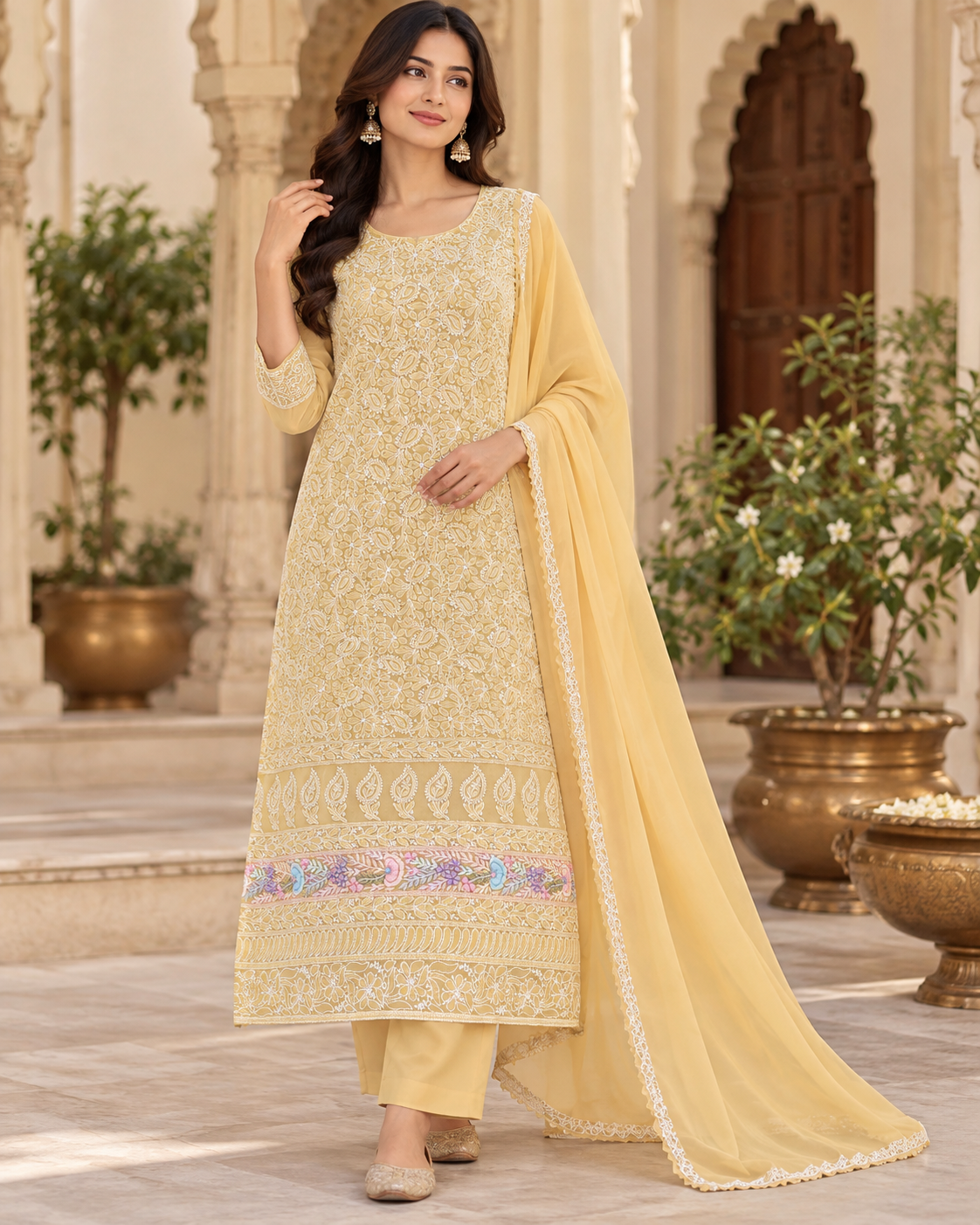 Cotton Parsi Gara Front Jaal Shadow Work 3 Pcs Suit Sets - Unstitched