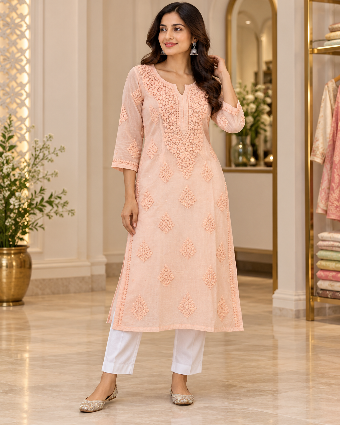 Chanderi Silk Chikan Mukaish Work Straight Kurti