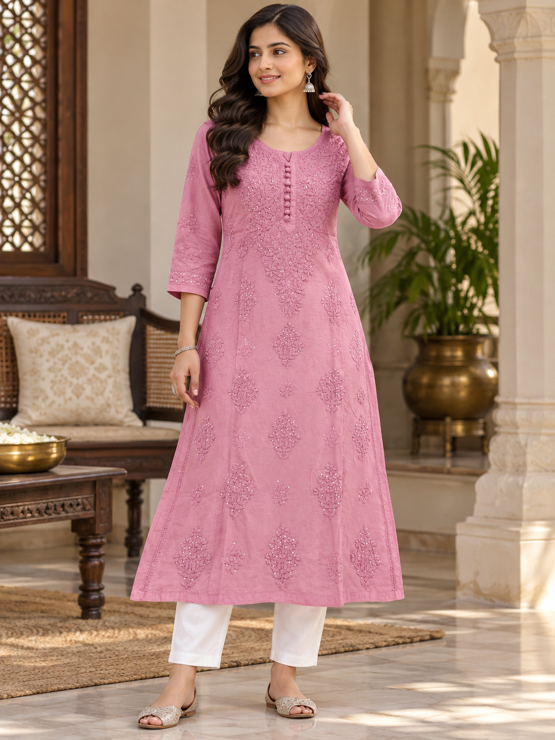 Chanderi Silk Chikan Mukaish Work Straight Kurti
