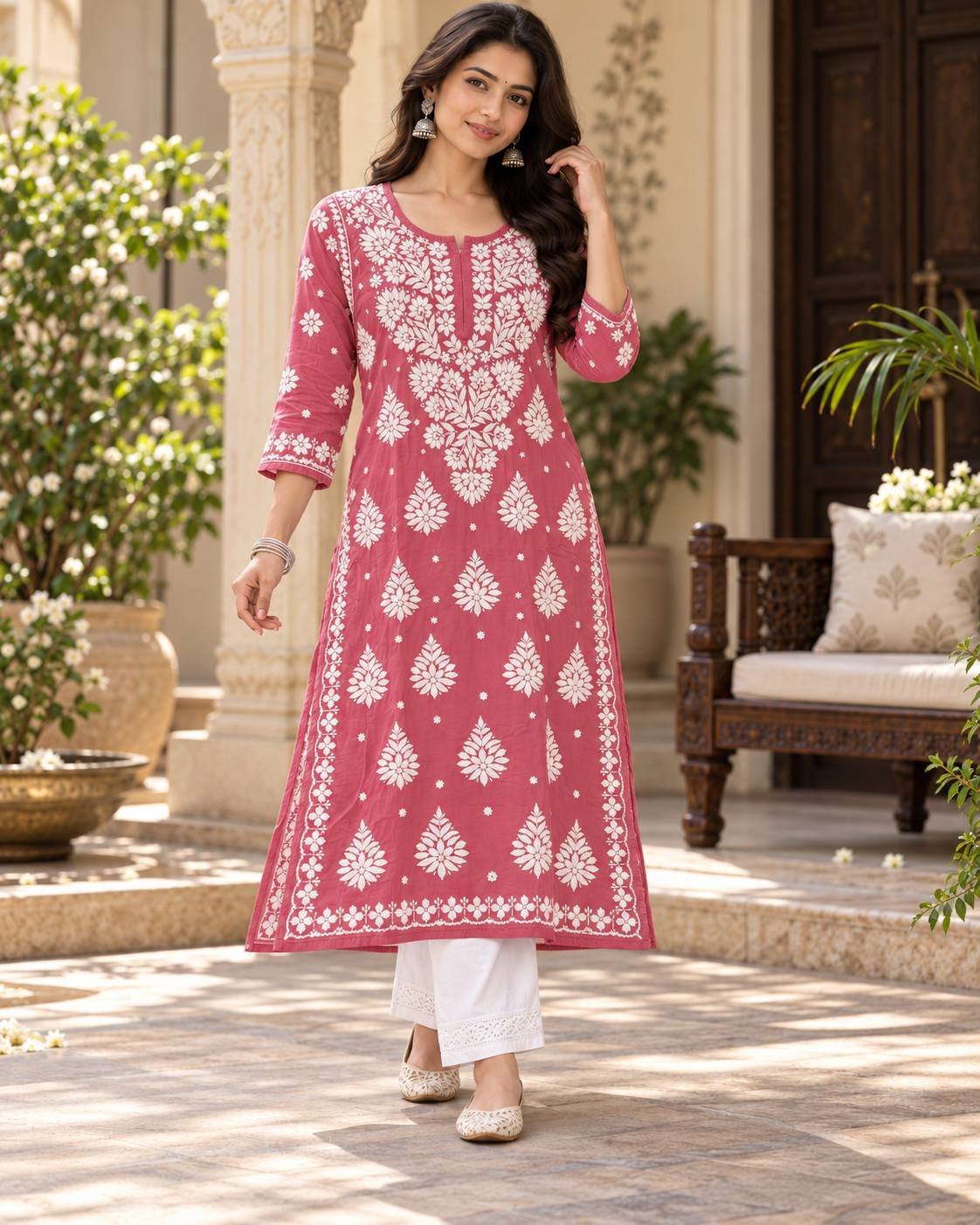 Pure Muslin 3D Chikan Work Kurties