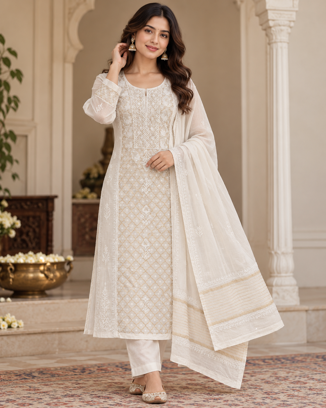 Mul Chanderi Banarasi Heavy Pearl Cutdhana Semi Stiched Sets