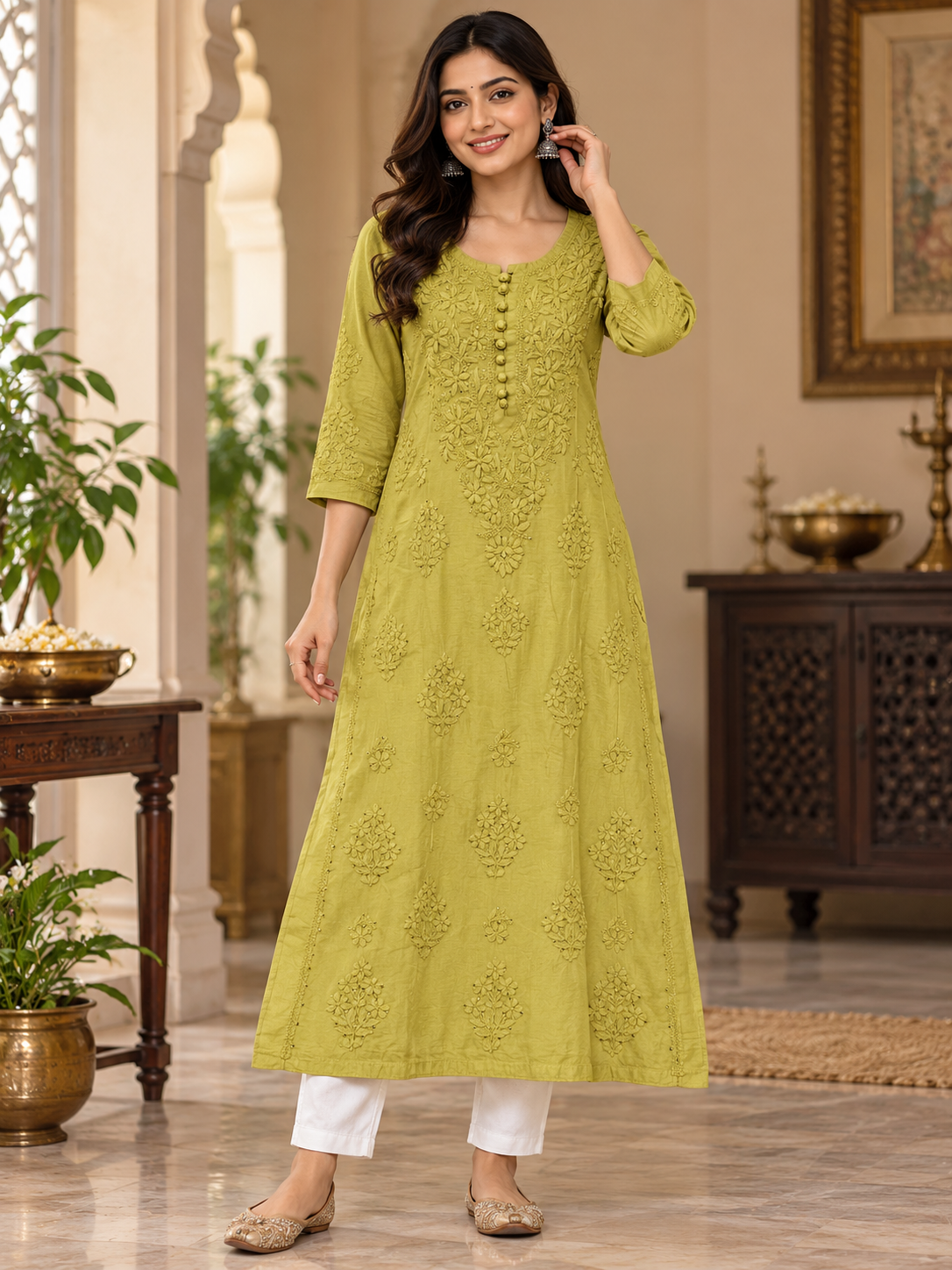 Chanderi Silk Chikan Mukaish Work Straight Kurti