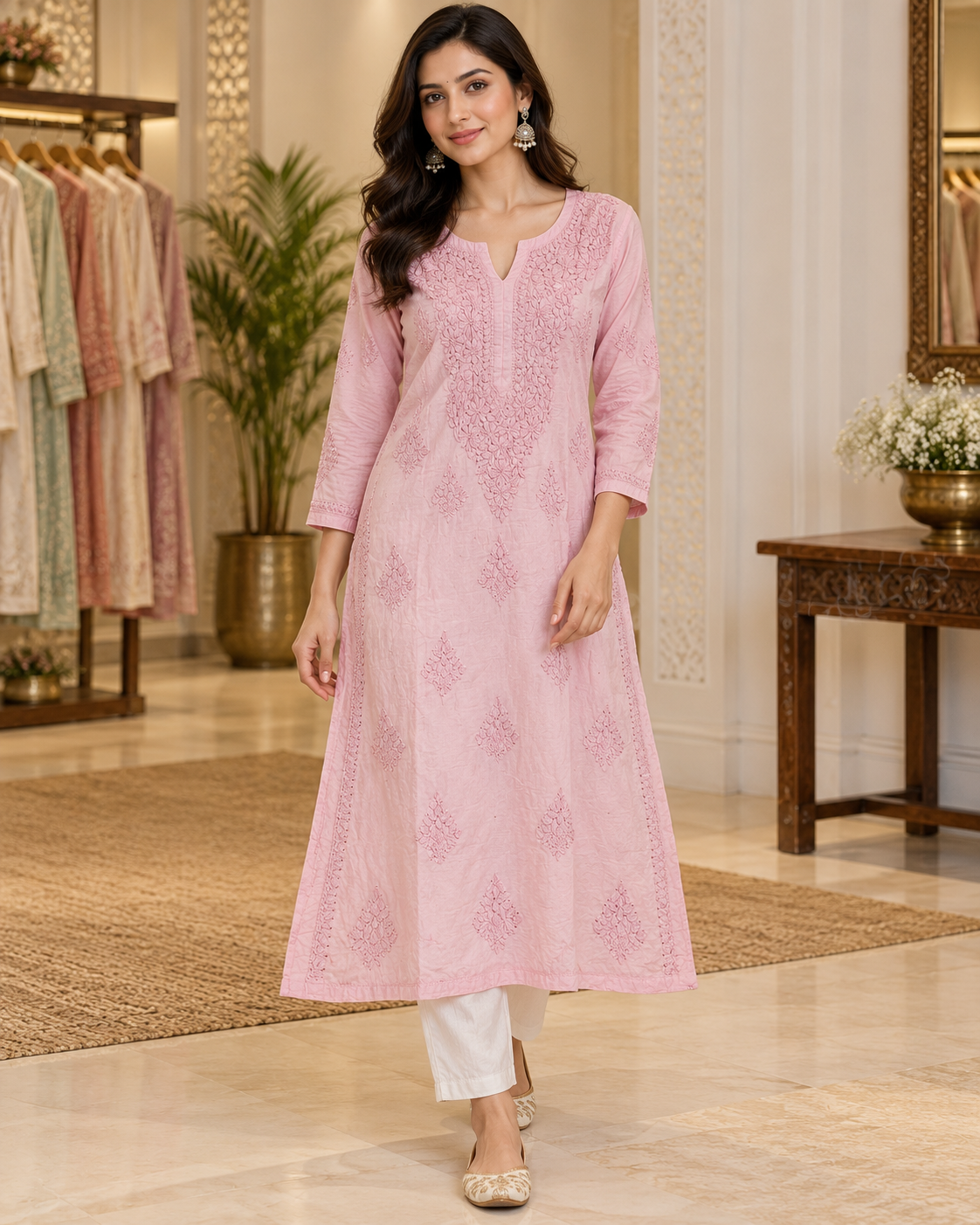 Chanderi Silk Chikan Mukaish Work Straight Kurti