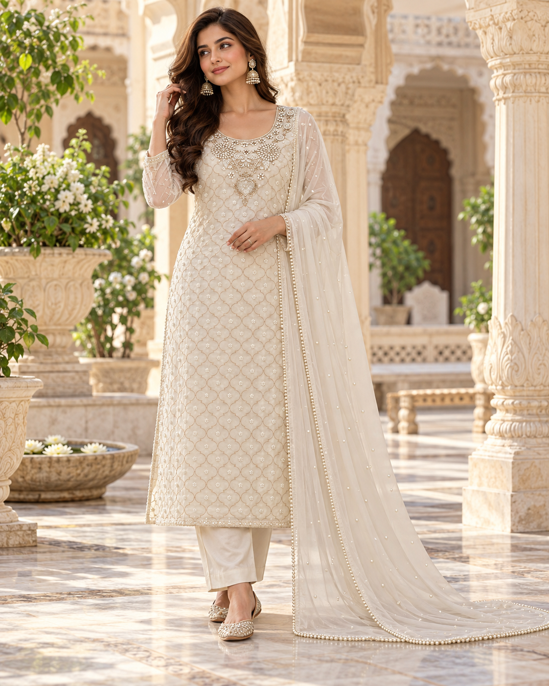 Viscose Georgette Heavy Pearl Cutdhana Zari Unstitched Kurti Duppatta Sets