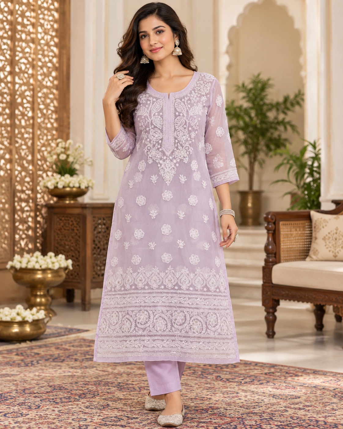 Organza Ghaspatti Chikan Mukaish Party Wear Long Kurti With Matching Inner