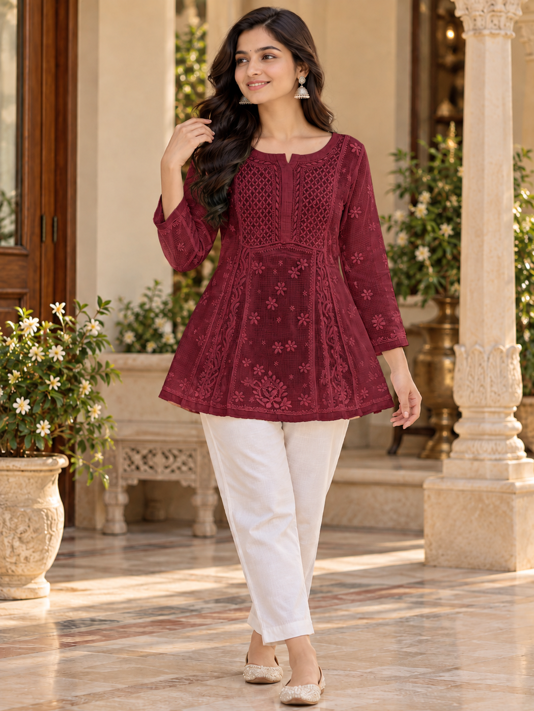 Kota Doria Fine Chikankari Work Short Top