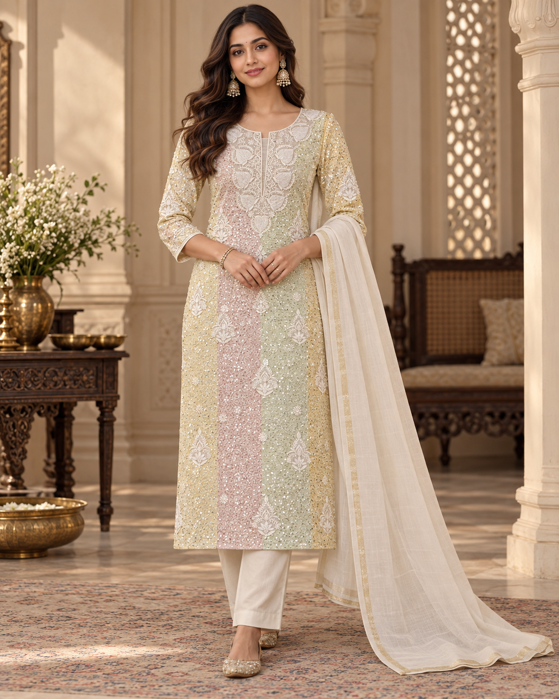 Pure Mul Chanderi Fine Chikan Pearl Cutdhana Sequin Work Unstitched Suit Sets (2 Pcs)
