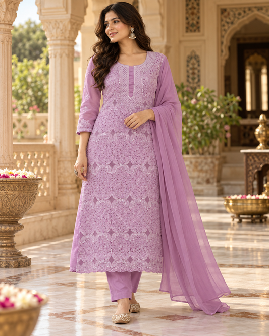 Cotton Superfine Full Front Jaal Jaali Shadow Work 3 Pcs Suit
