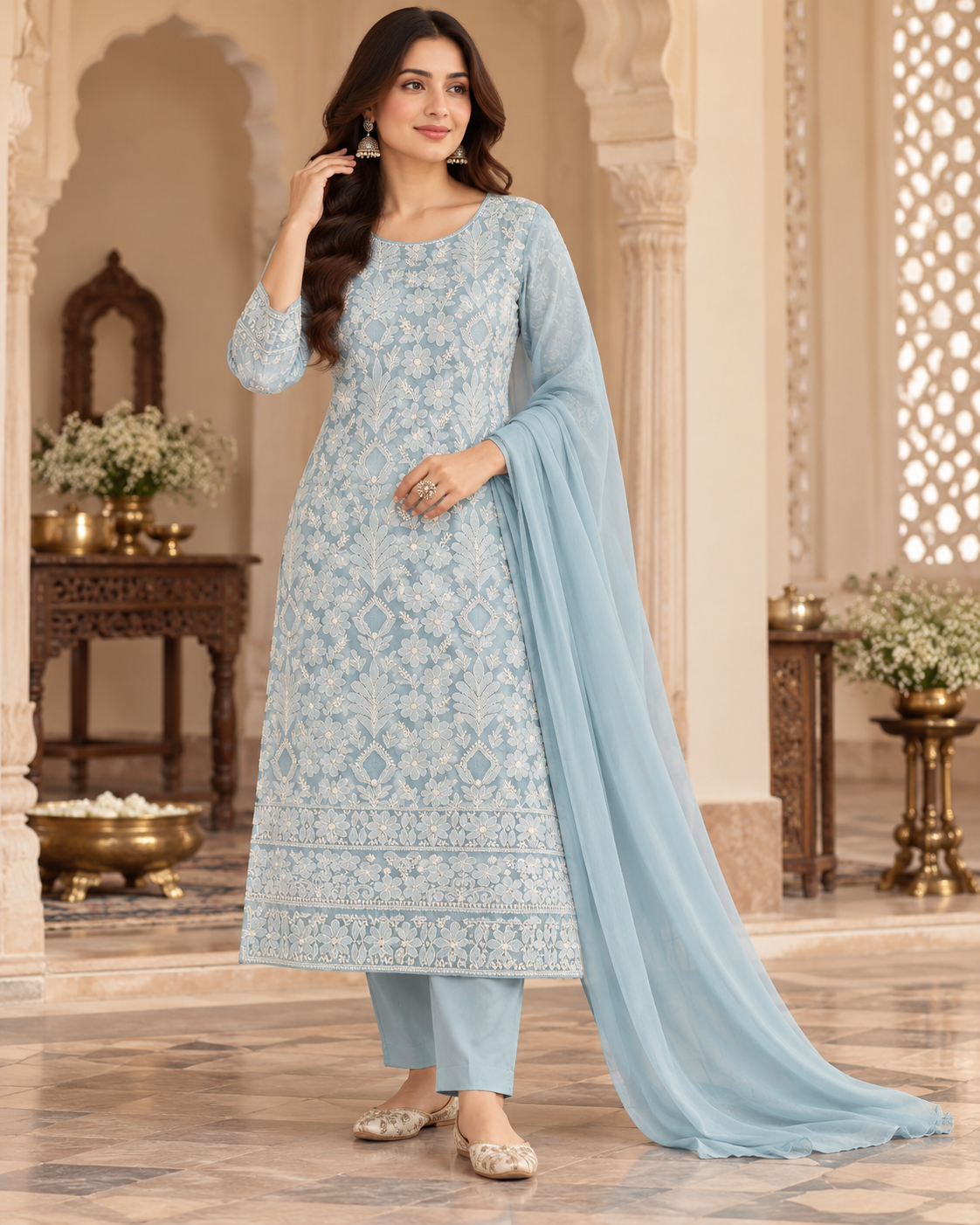 Cotton Superfine Full Front Jaal Jaali Shadow Work 3 Pcs Suit
