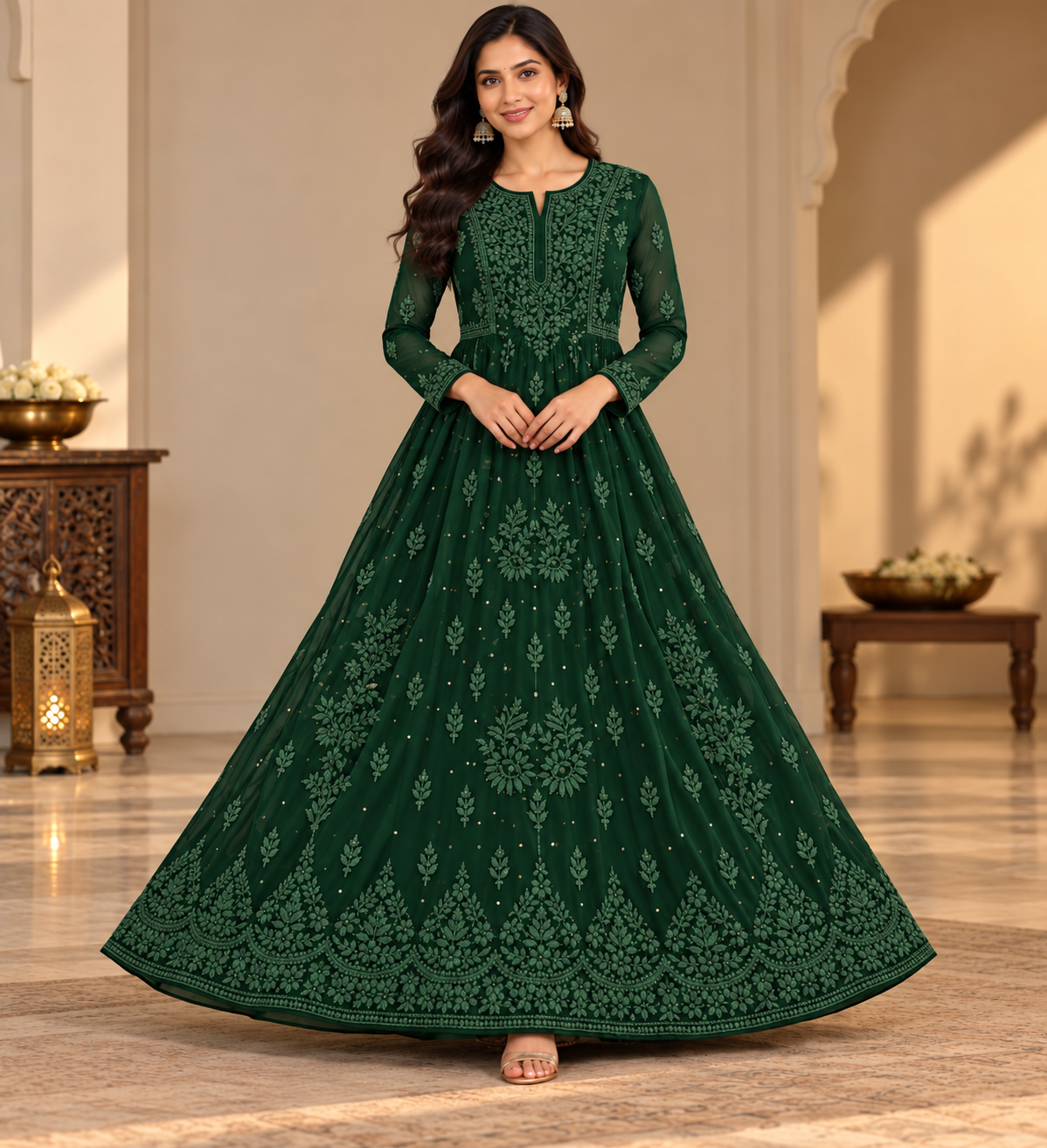Viscose Georgette Mukaish Work Party Wear Long Gawn