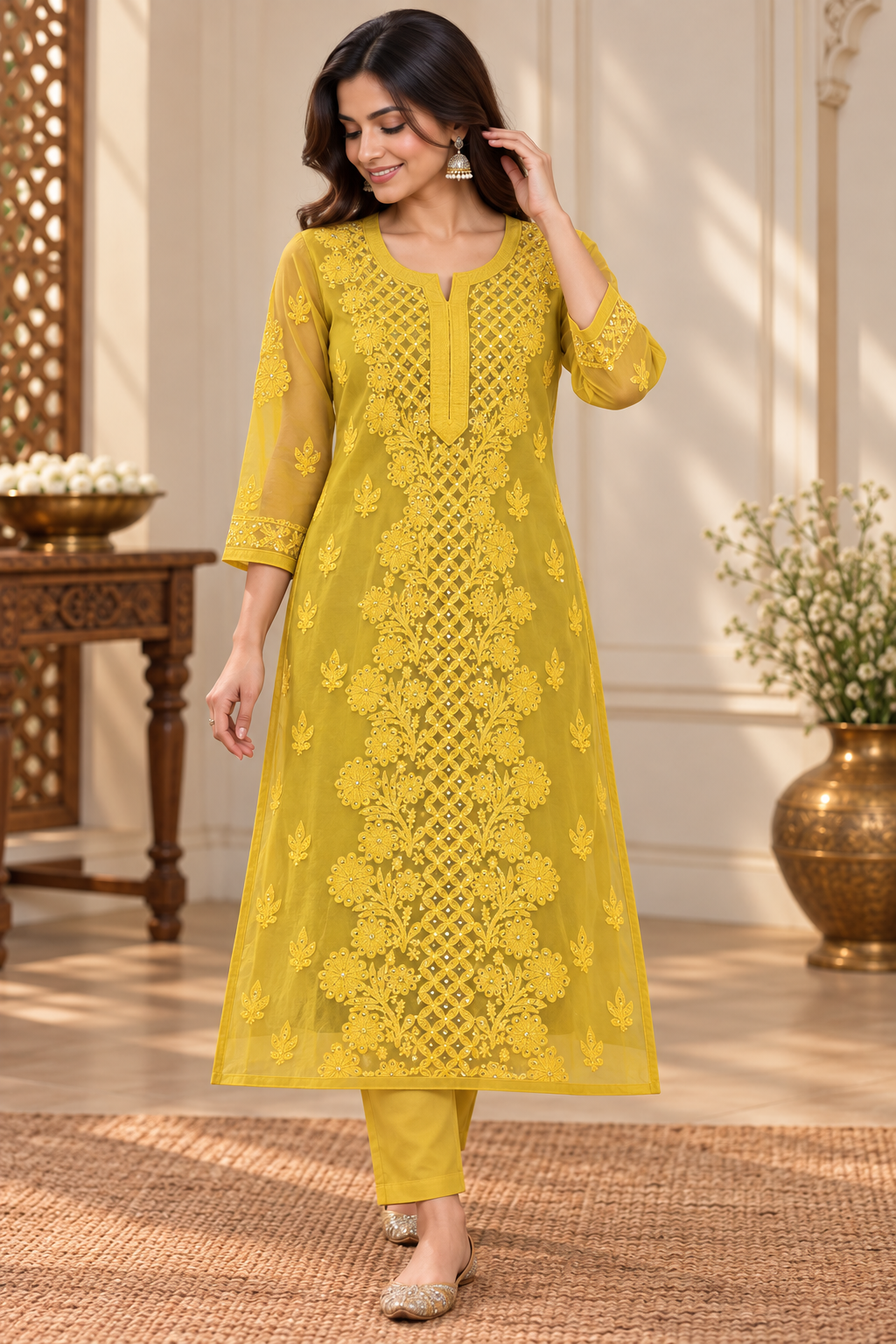 Organza Ghaspatti Chikan Mukaish Party Wear Long Kurti With Matching Inner