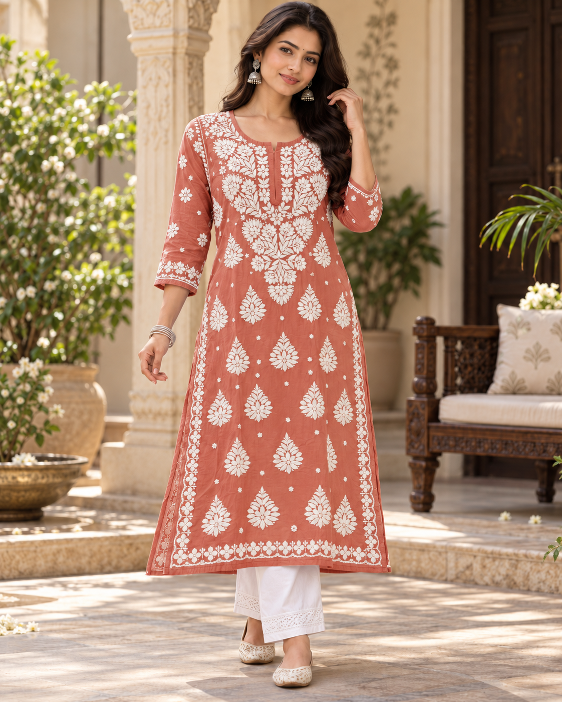 Pure Muslin 3D Chikan Work Kurties