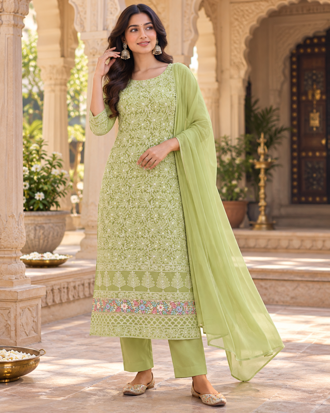 Cotton Parsi Gara Front Jaal Shadow Work 3 Pcs Suit Sets - Unstitched