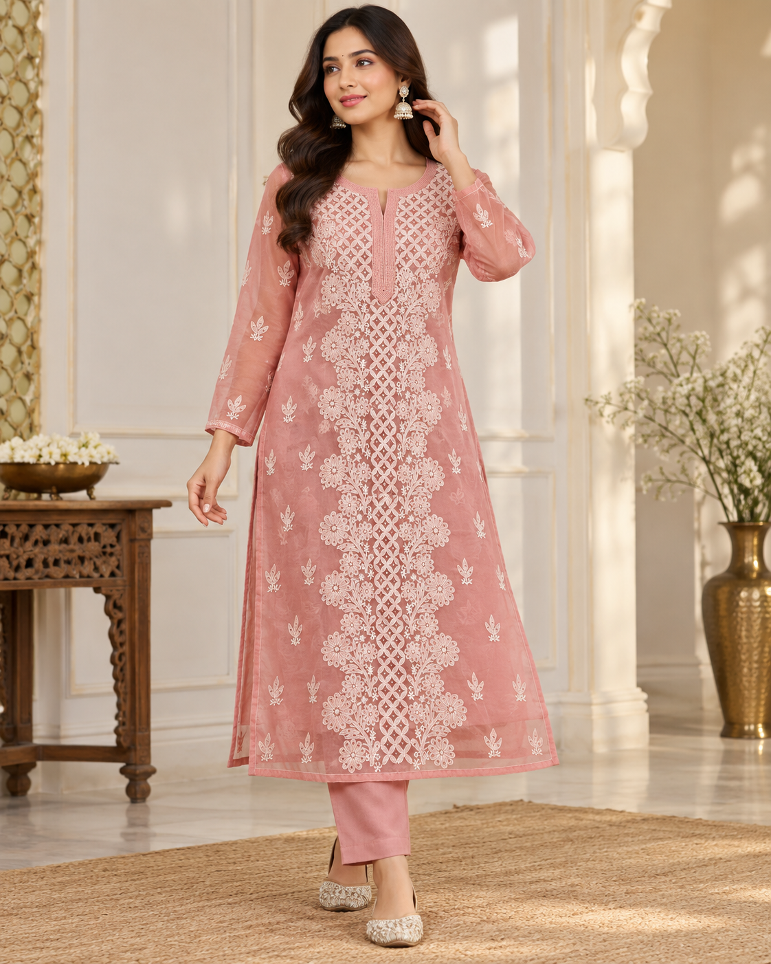 Organza Ghaspatti Chikan Mukaish Party Wear Long Kurti With Matching Inner