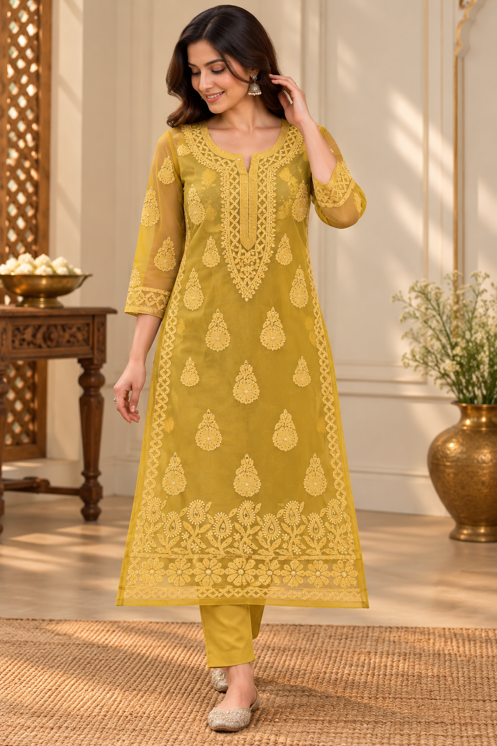 Organza Ghaspatti Chikan Mukaish Party Wear Long Kurti With Matching Inner