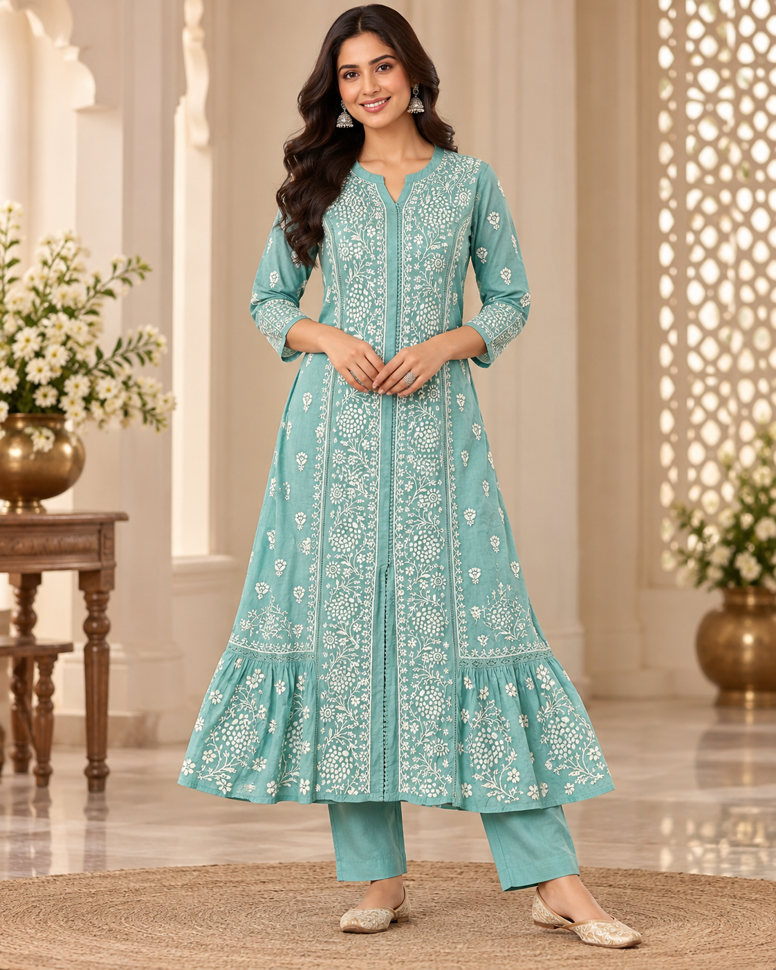 Muslin Party Wear Heavy Chikan Long Kurti Pant Set