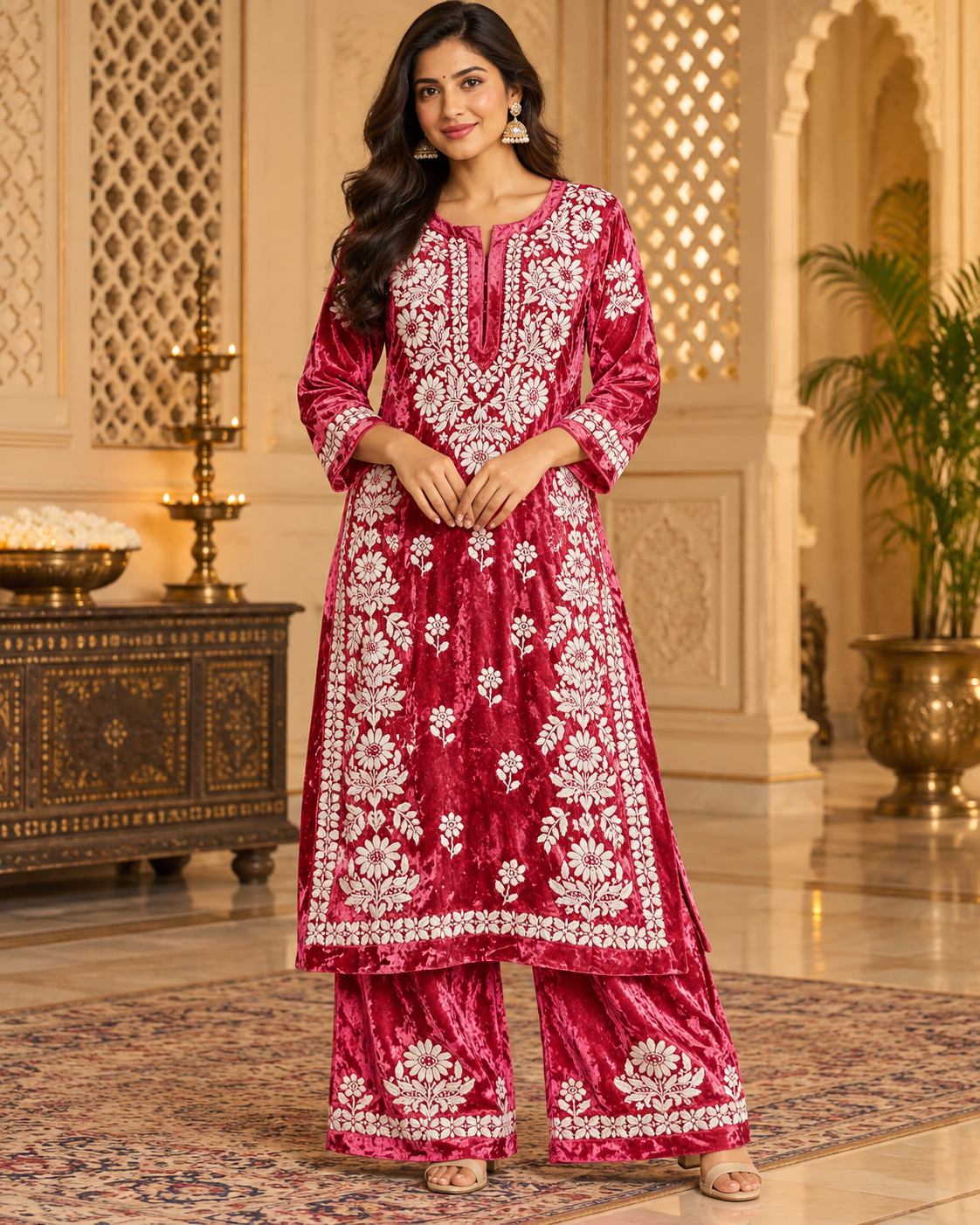 Pure Velvet Fine Ghaspatti Work Kurti Plazzo Sets (2 Taar Work)