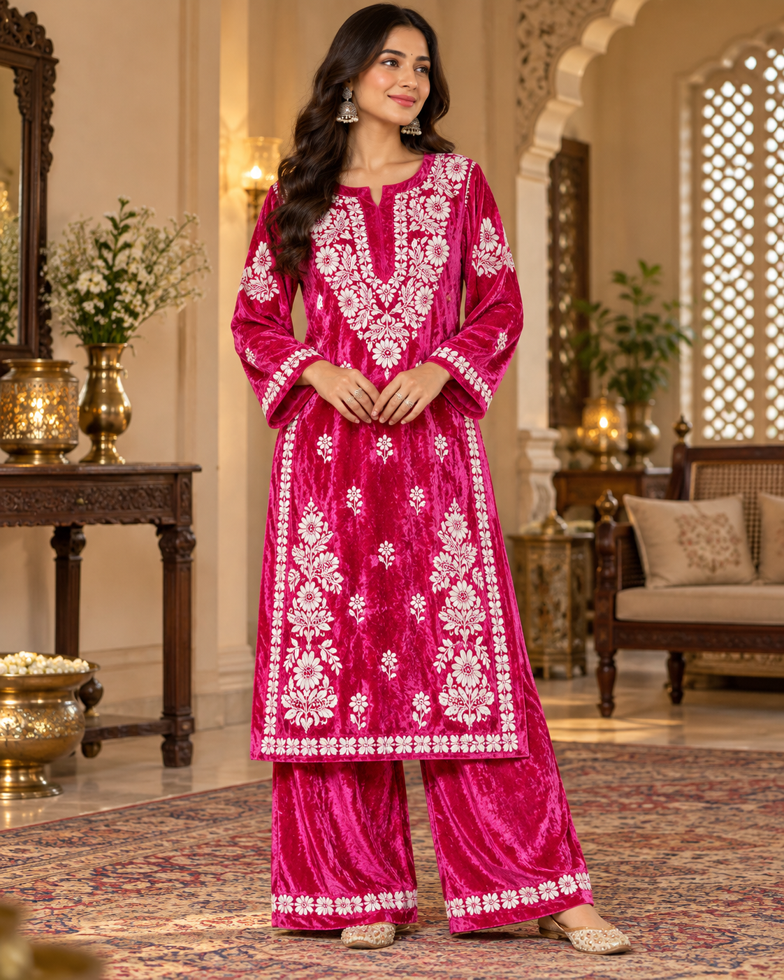 Pure Velvet Fine Ghaspatti Work Kurti Plazzo Sets (2 Taar Work)