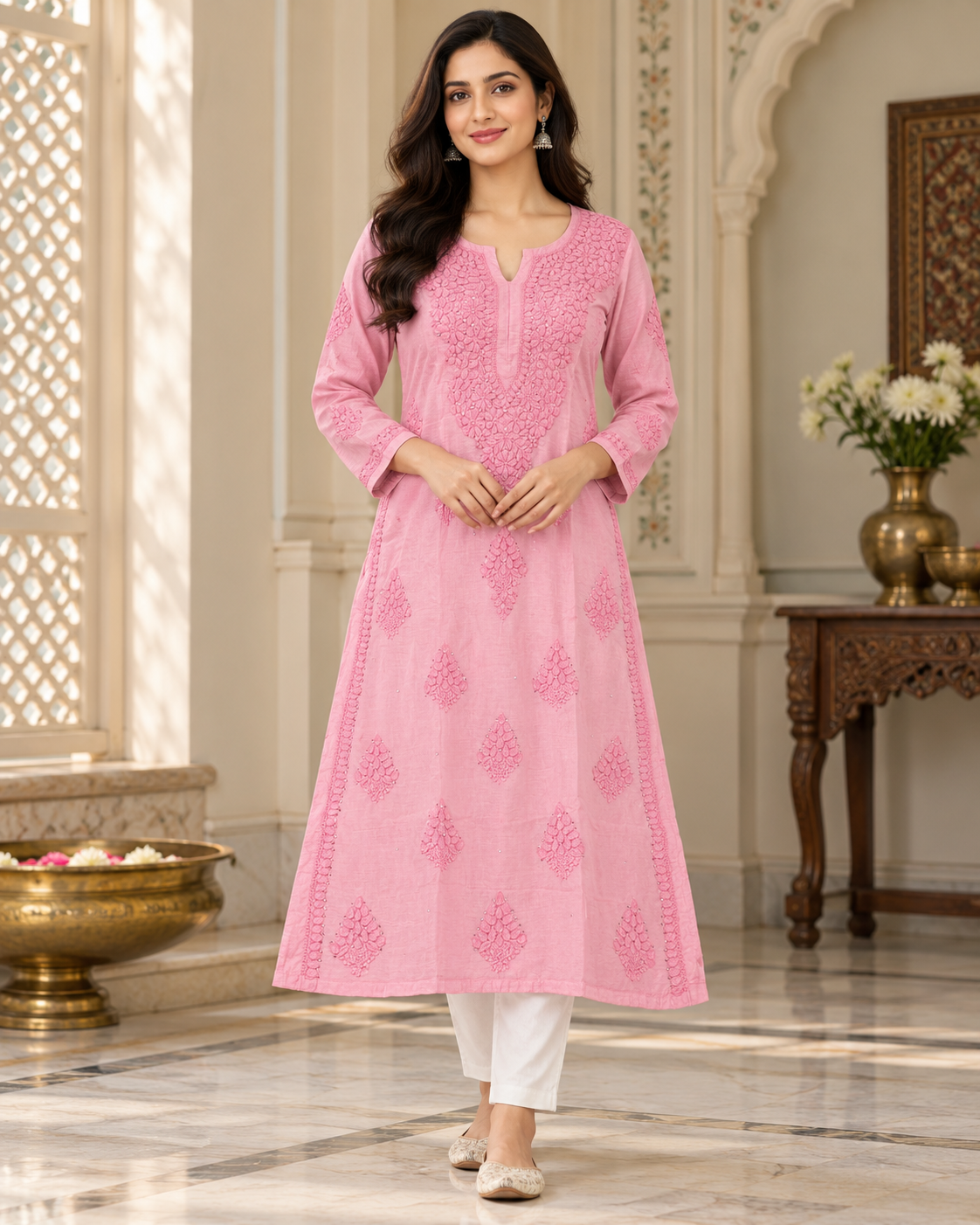 Chanderi Silk Chikan Mukaish Work Straight Kurti