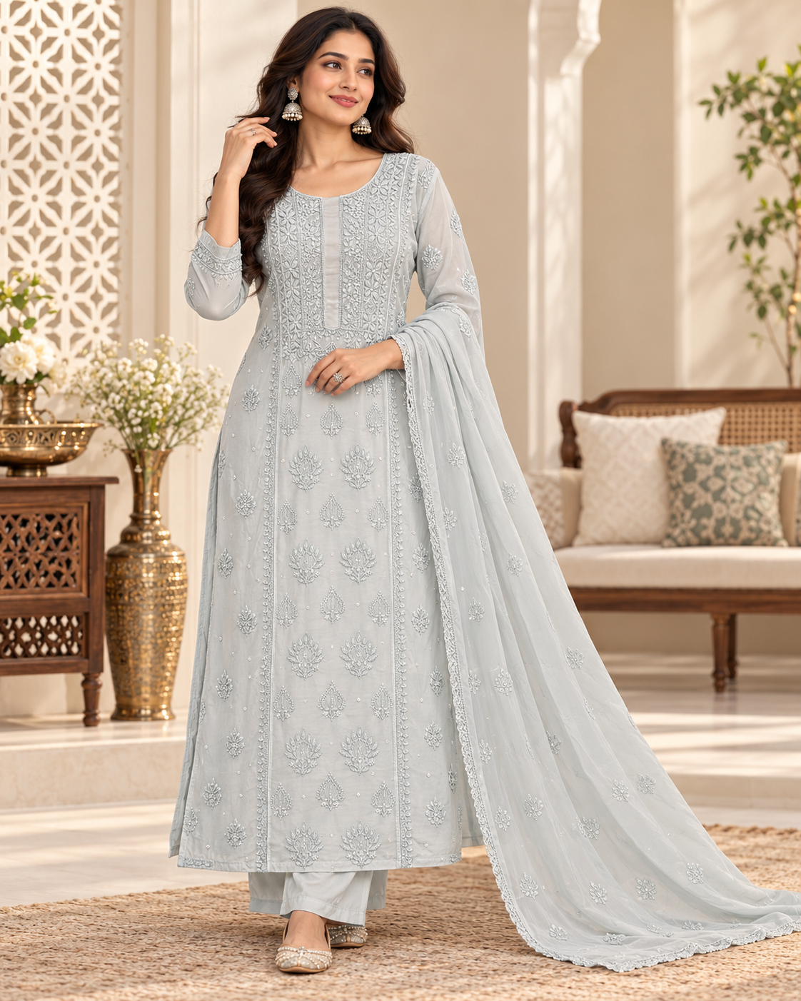 Pure Muslin Cutdhana Work Semi Stitched Kurti Duppatta Sets