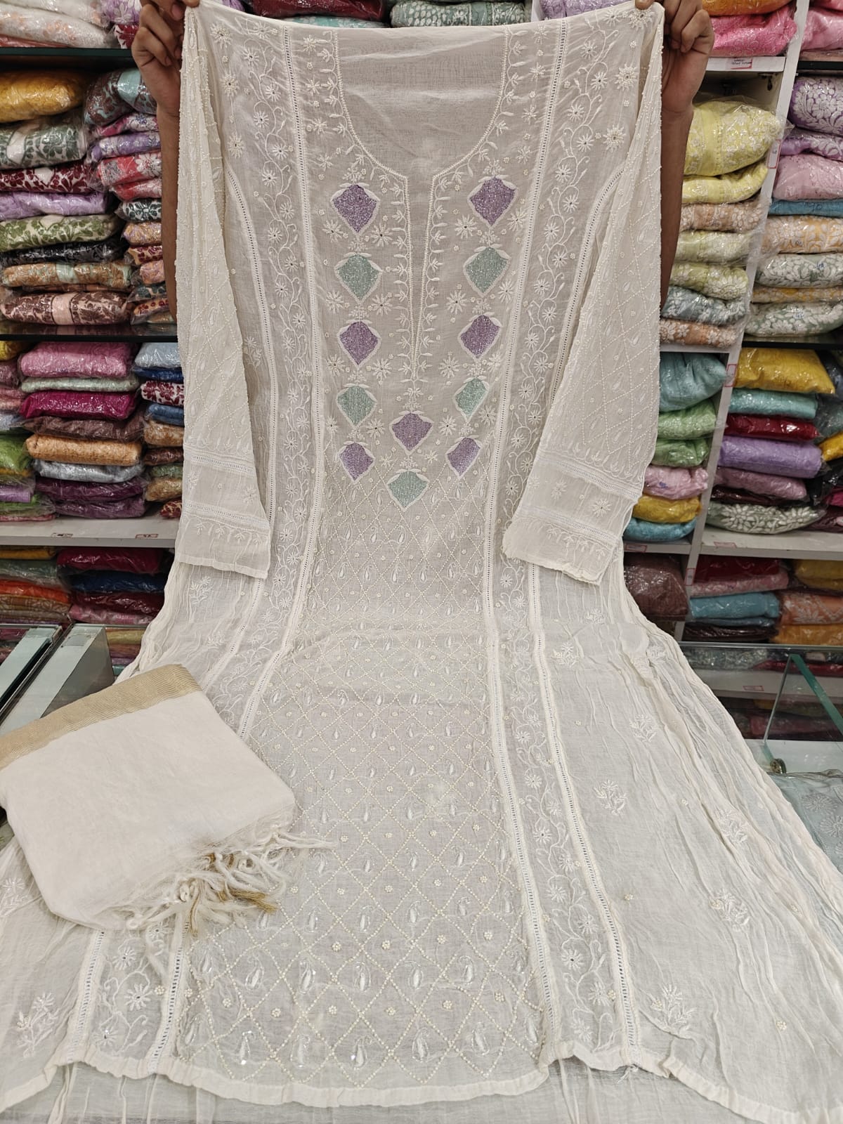 Pure Mul Chanderi Pearl Semi Stiched Suit Sets
