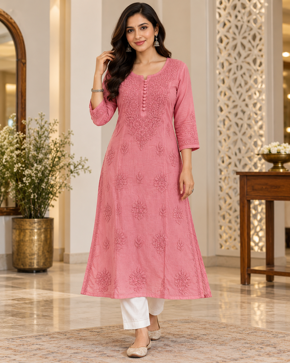Chanderi Silk Chikan Mukaish Work Straight Kurti