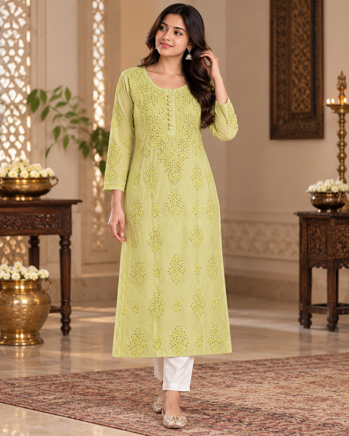 Chanderi Silk Chikan Mukaish Work Straight Kurti