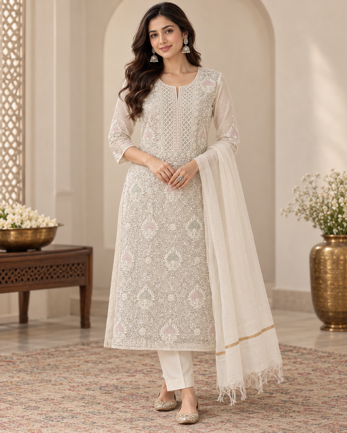 Pure Mul Chanderi Fine Chikan Pearl Cutdhana Sequin Work Unstitched Suit Sets (2 Pcs)