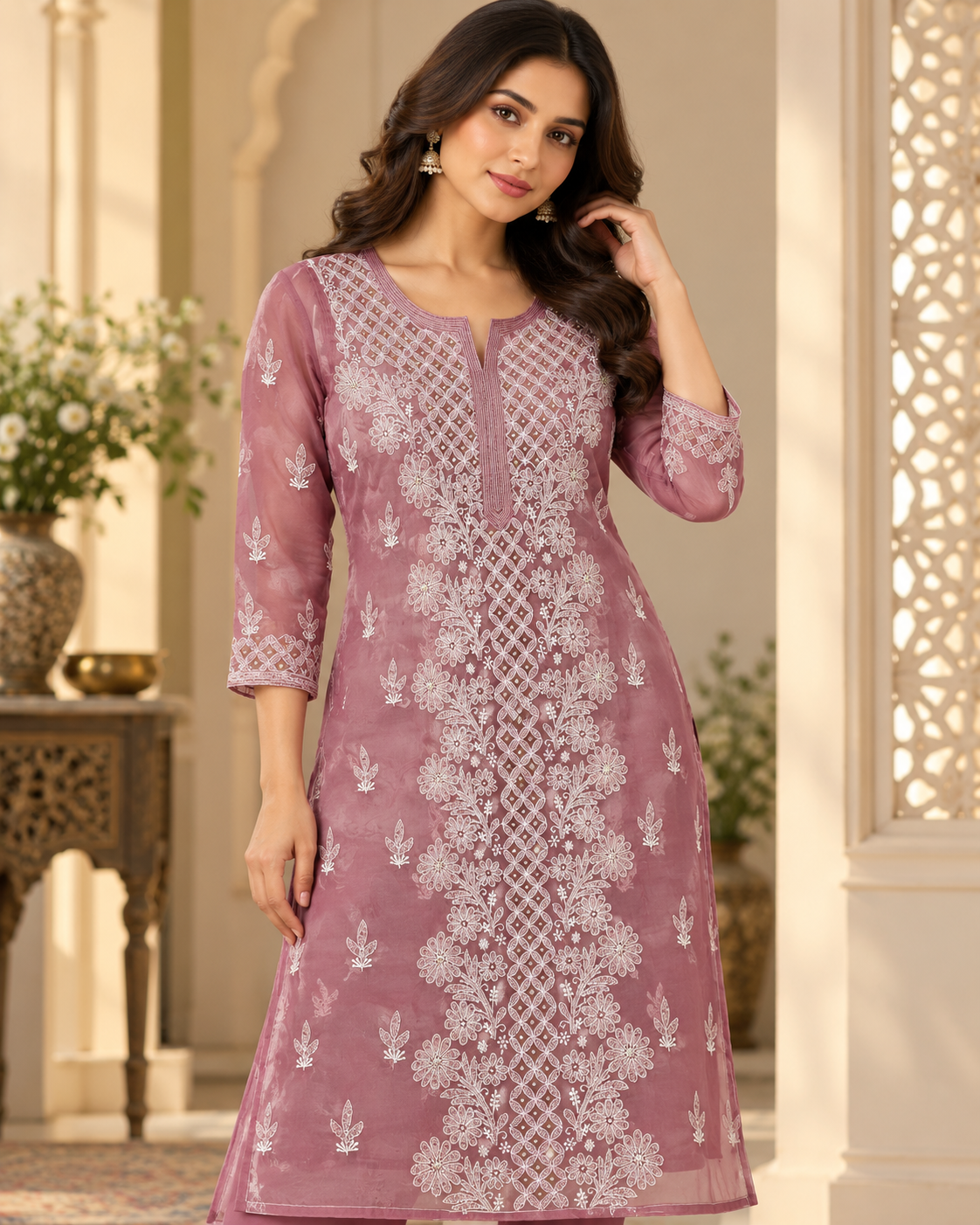 Organza Ghaspatti Chikan Mukaish Party Wear Long Kurti With Matching Inner