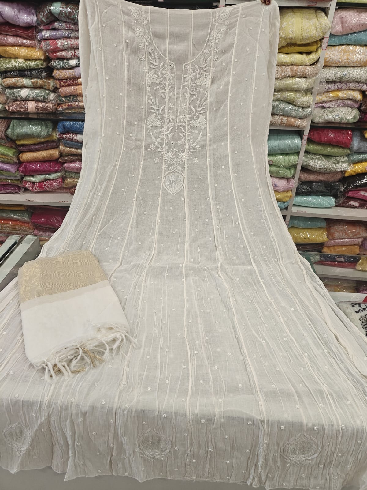 Pure Mul Chanderi Pearl Semi Stiched Suit Sets