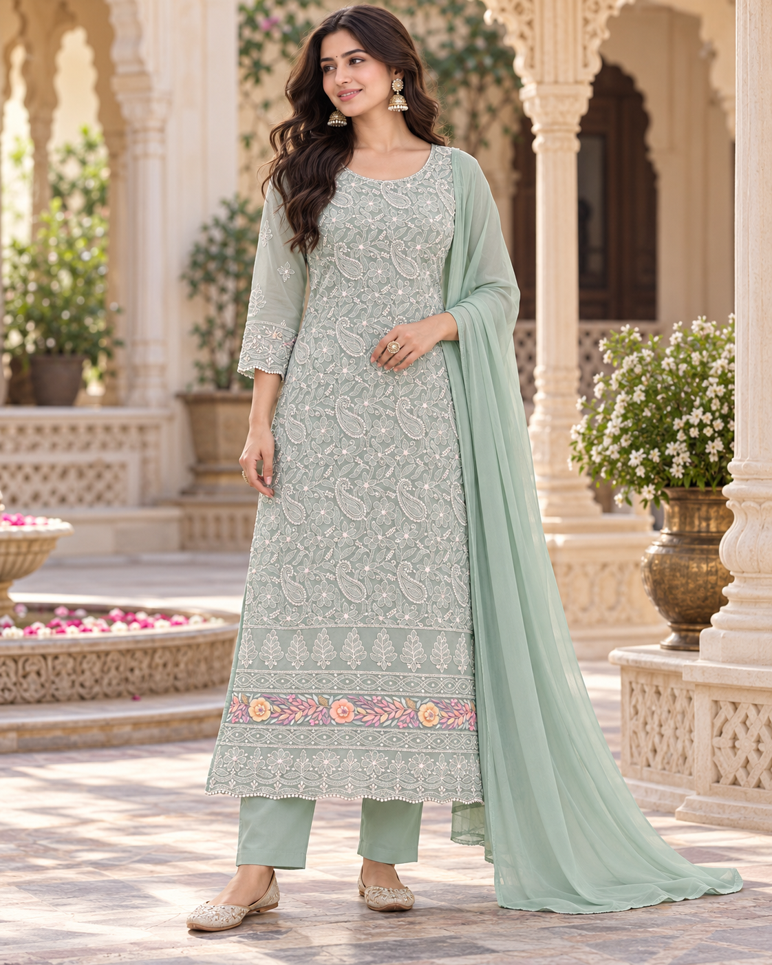 Cotton Parsi Gara Front Jaal Shadow Work 3 Pcs Suit Sets - Unstitched
