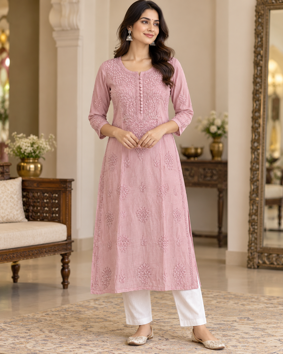 Chanderi Silk Chikan Mukaish Work Straight Kurti