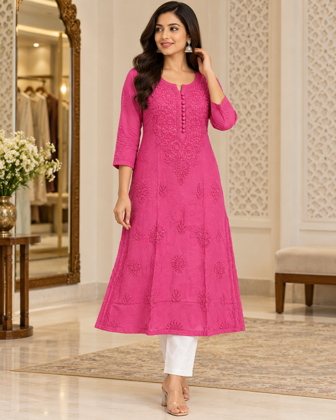 Chanderi Silk Chikan Mukaish Work Straight Kurti