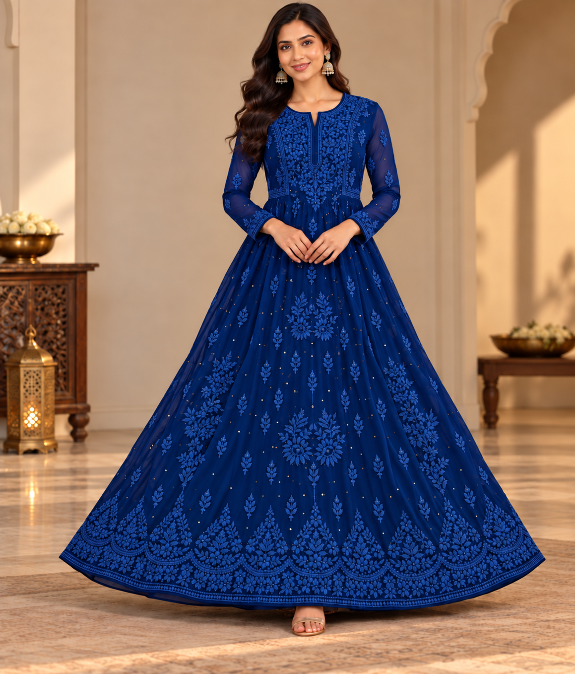 Viscose Georgette Mukaish Work Party Wear Long Gawn