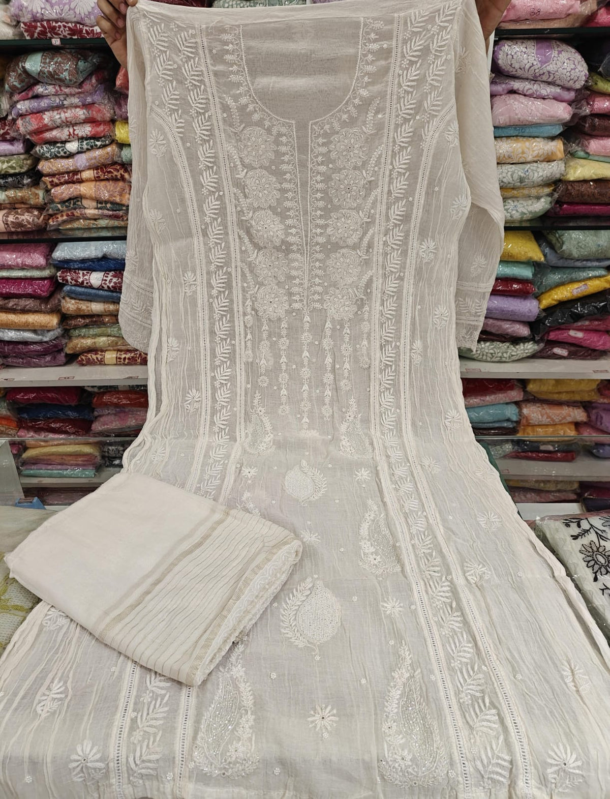 Pure Mul Chanderi Pearl Semi Stiched Suit Sets