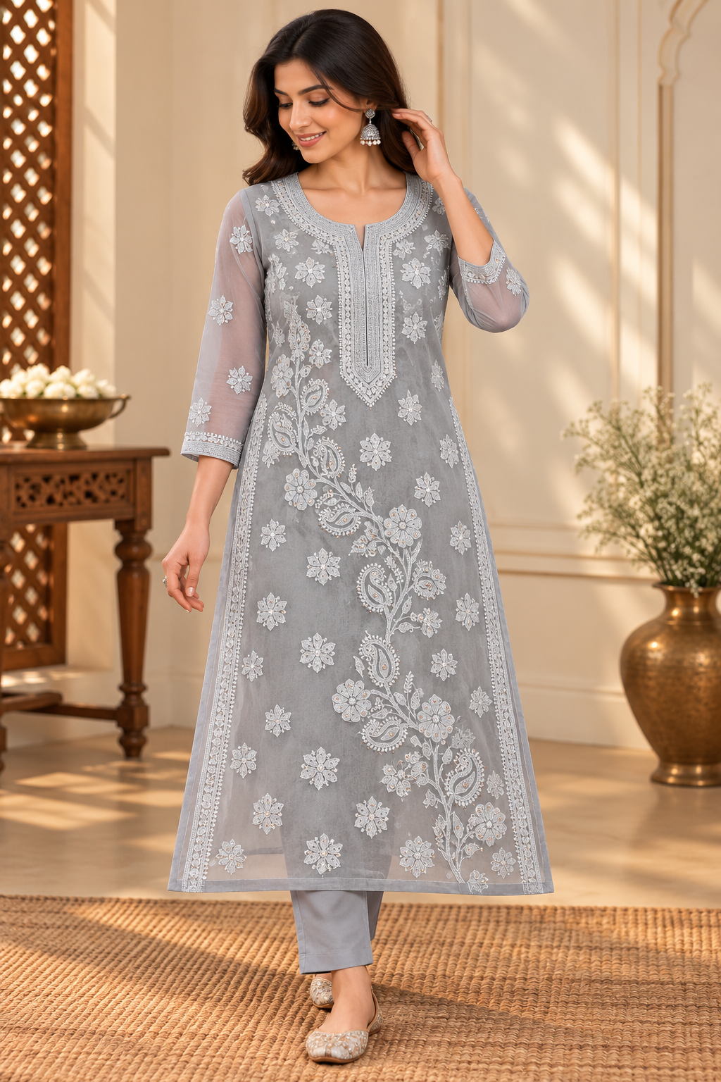 Organza Ghaspatti Chikan Mukaish Party Wear Long Kurti With Matching Inner