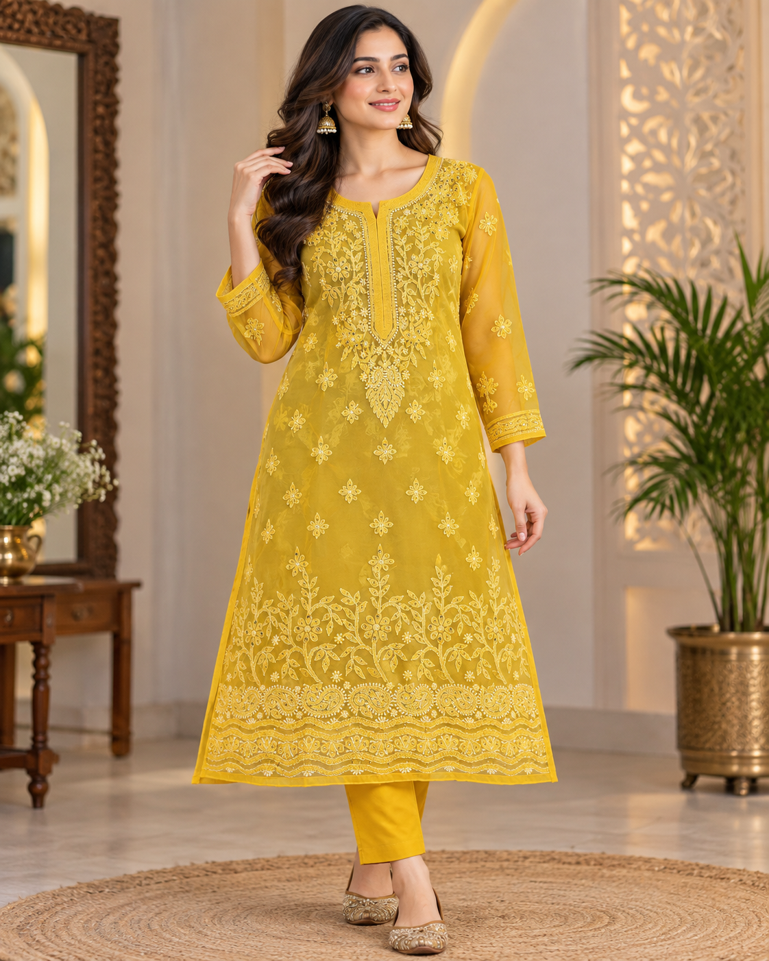 Organza Ghaspatti Chikan Mukaish Party Wear Long Kurti With Matching Inner