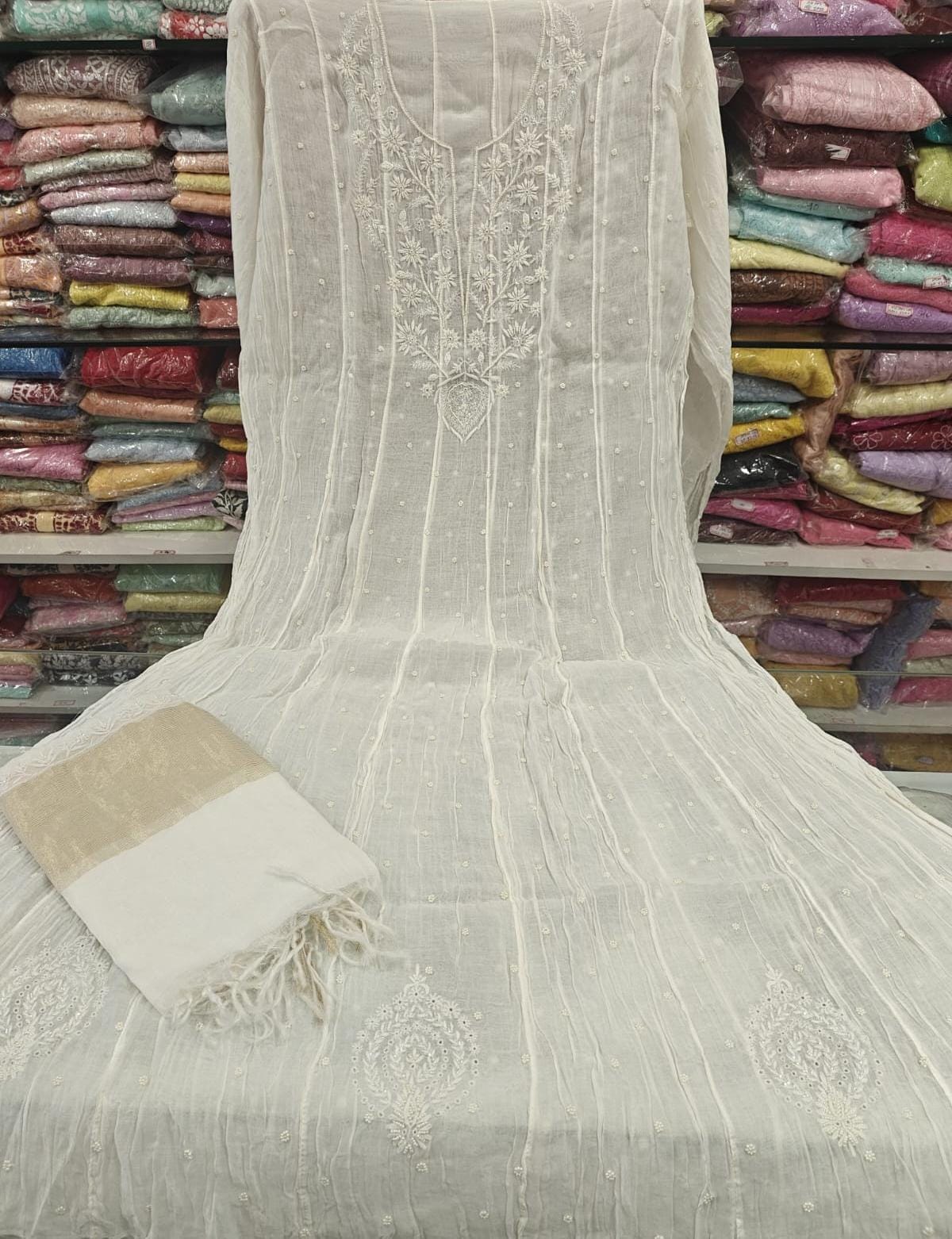 Pure Mul Chanderi Pearl Semi Stiched Suit Sets